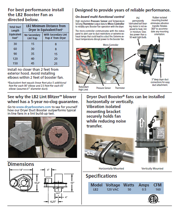 NEW! Tjernlund LB2 Dryer Duct Booster Fan DEDPV Approved!!